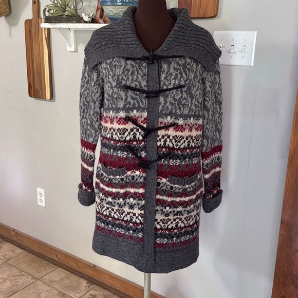Bob Timberlake chunky lambswool duster cardigan sweater womens size XL red gray - Picture 1 of 11